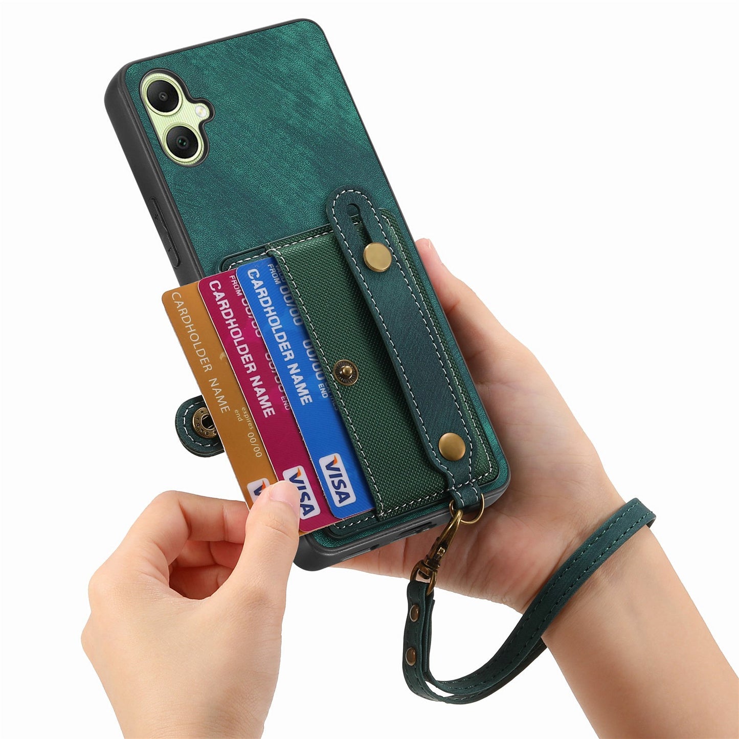 For Samsung Galaxy A06 Case Wristband Kickstand PU Leather Retro Back Cover Card Holder - Green