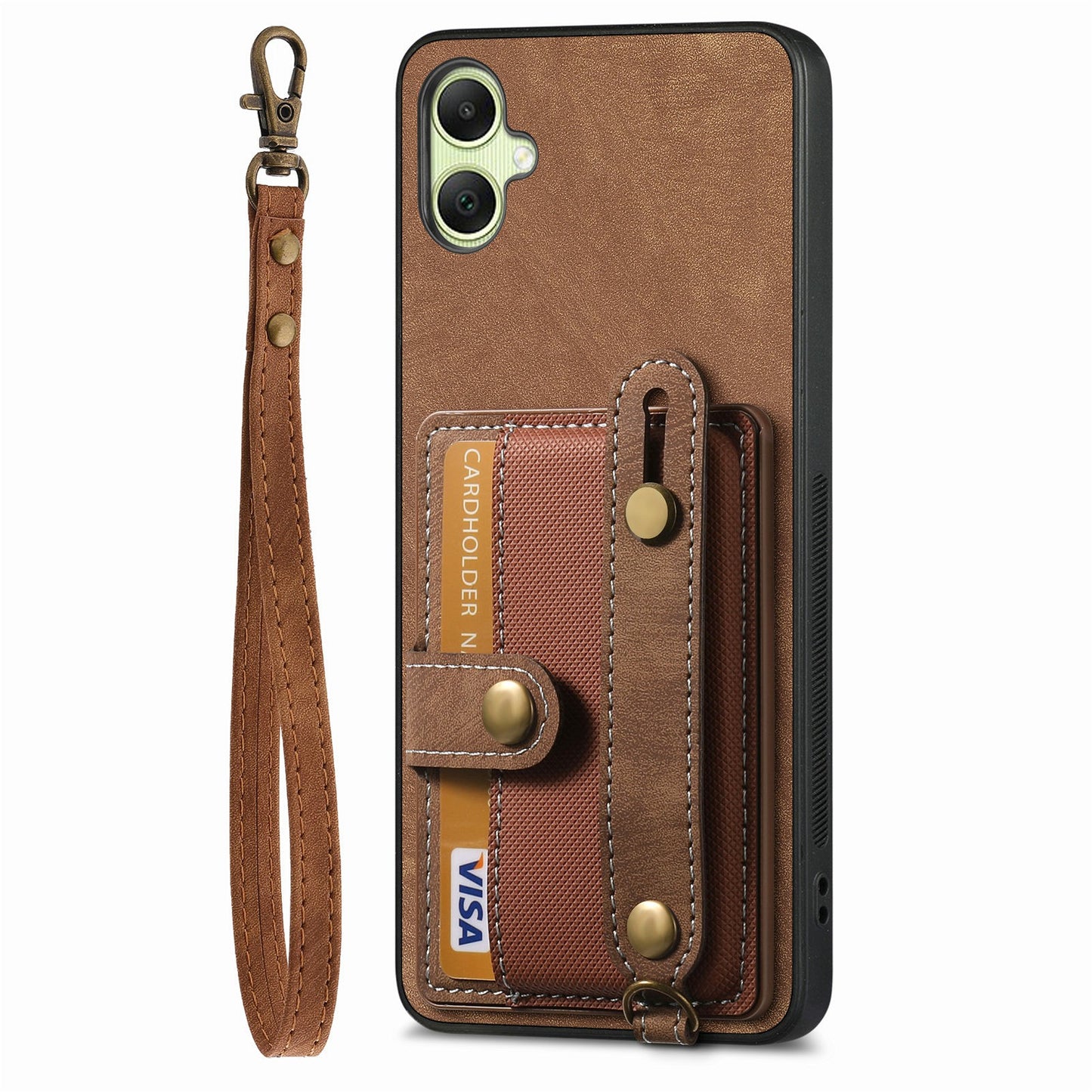 For Samsung Galaxy A06 Case Wristband Kickstand PU Leather Retro Back Cover Card Holder - Brown