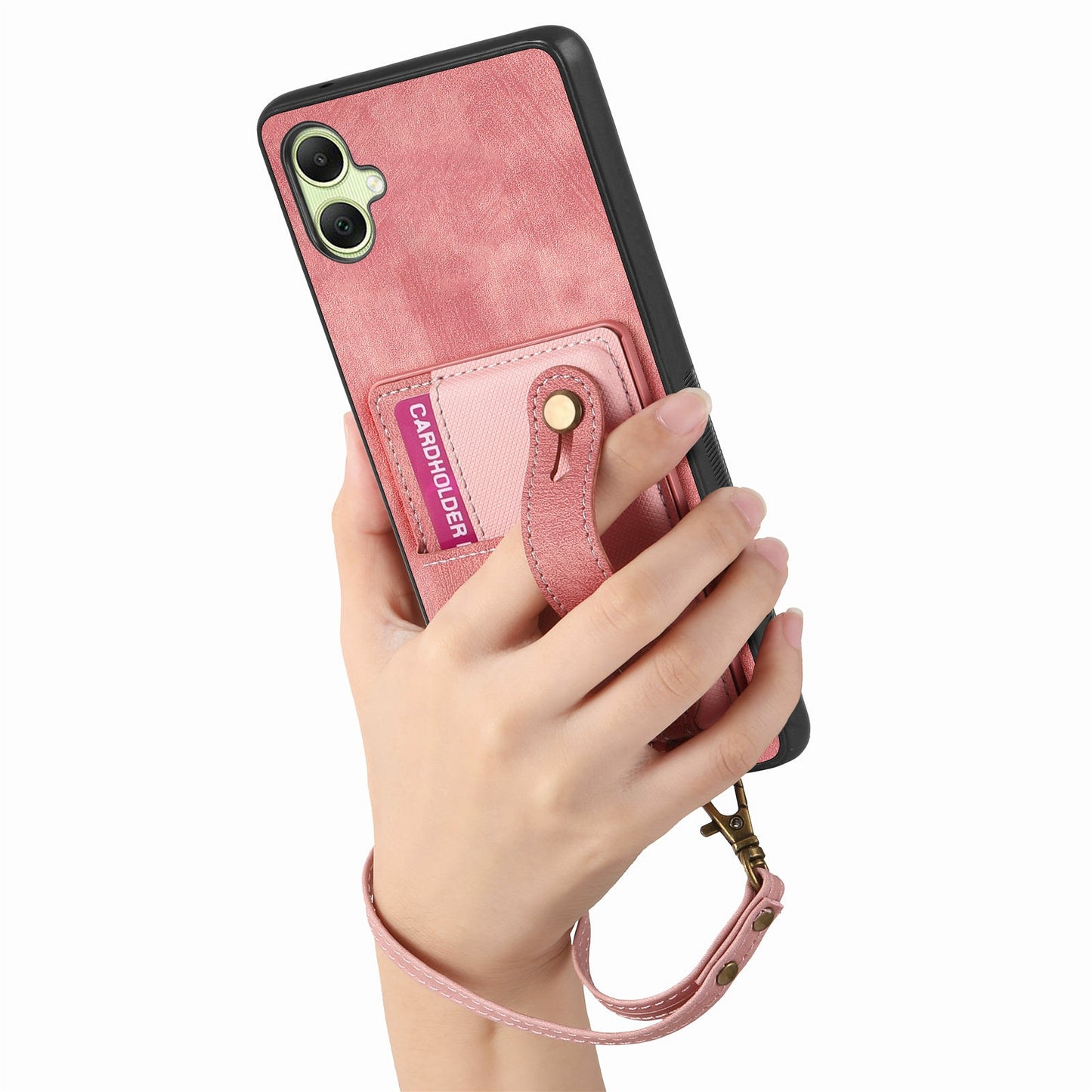 For Samsung Galaxy A06 Case Wristband Kickstand PU Leather Retro Back Cover Card Holder - Pink