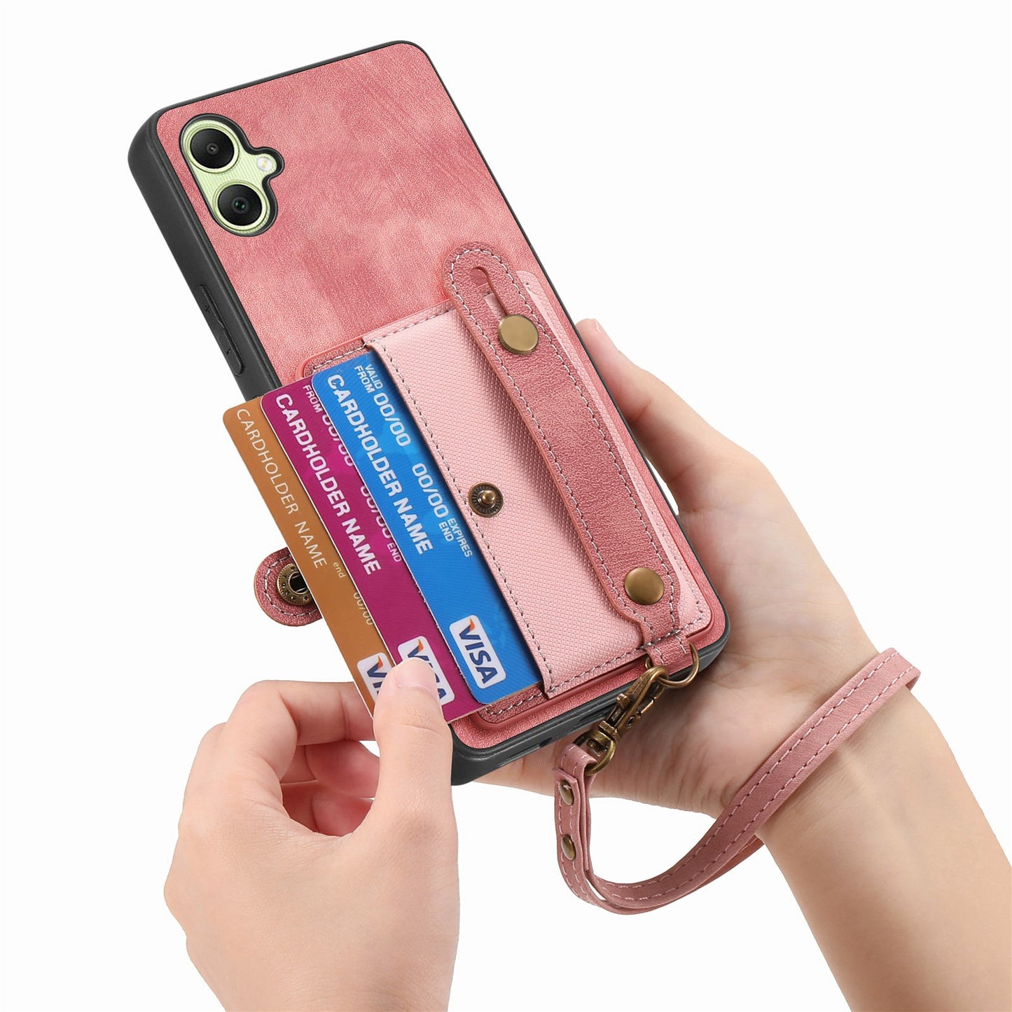 For Samsung Galaxy A06 Case Wristband Kickstand PU Leather Retro Back Cover Card Holder - Pink