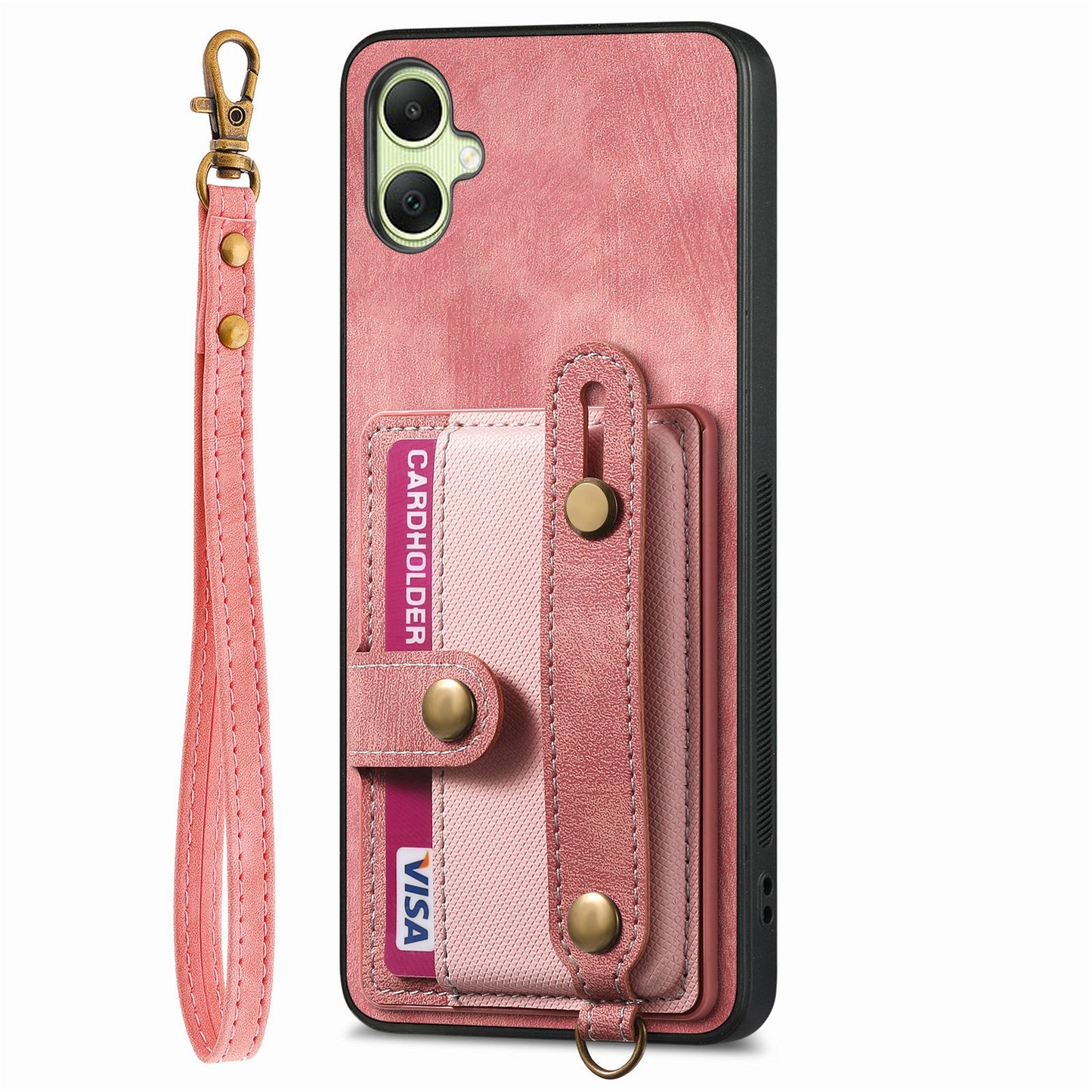 For Samsung Galaxy A06 Case Wristband Kickstand PU Leather Retro Back Cover Card Holder - Pink