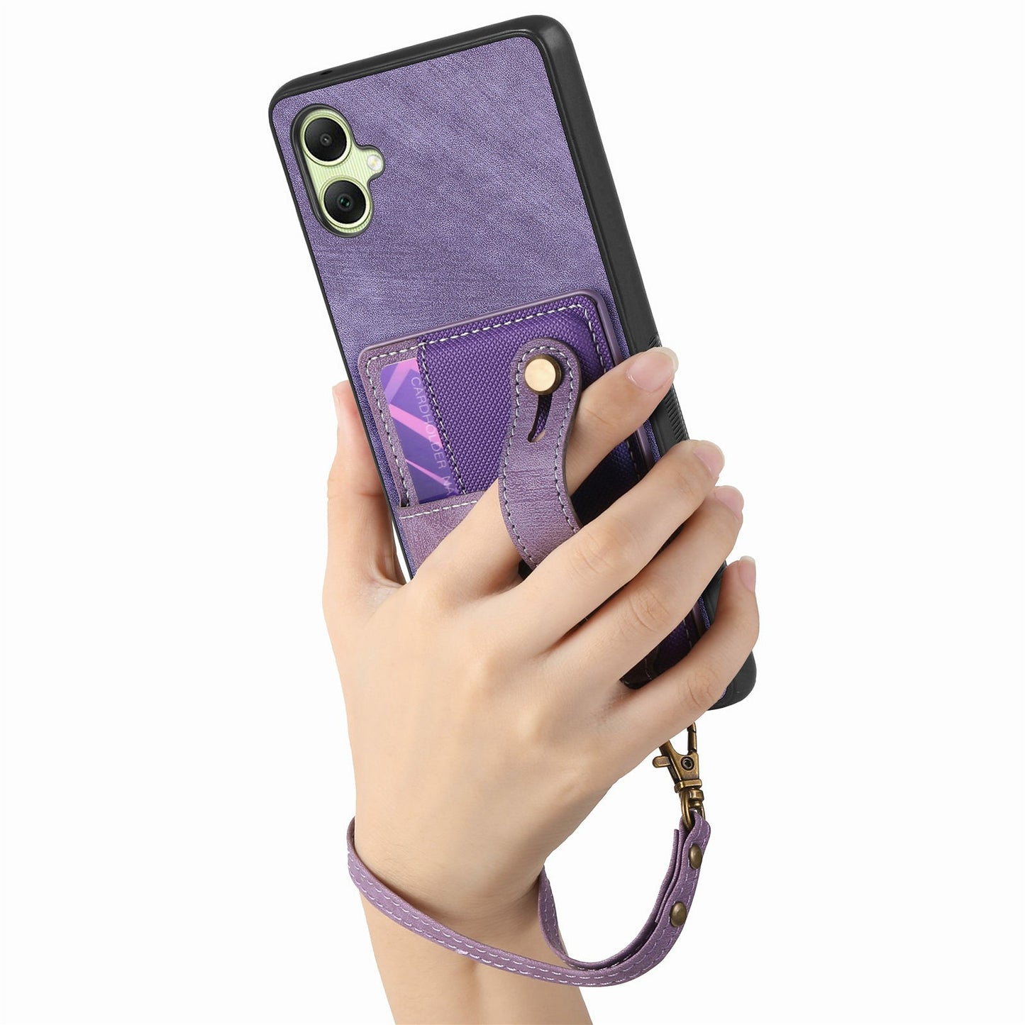 For Samsung Galaxy A06 Case Wristband Kickstand PU Leather Retro Back Cover Card Holder - Purple