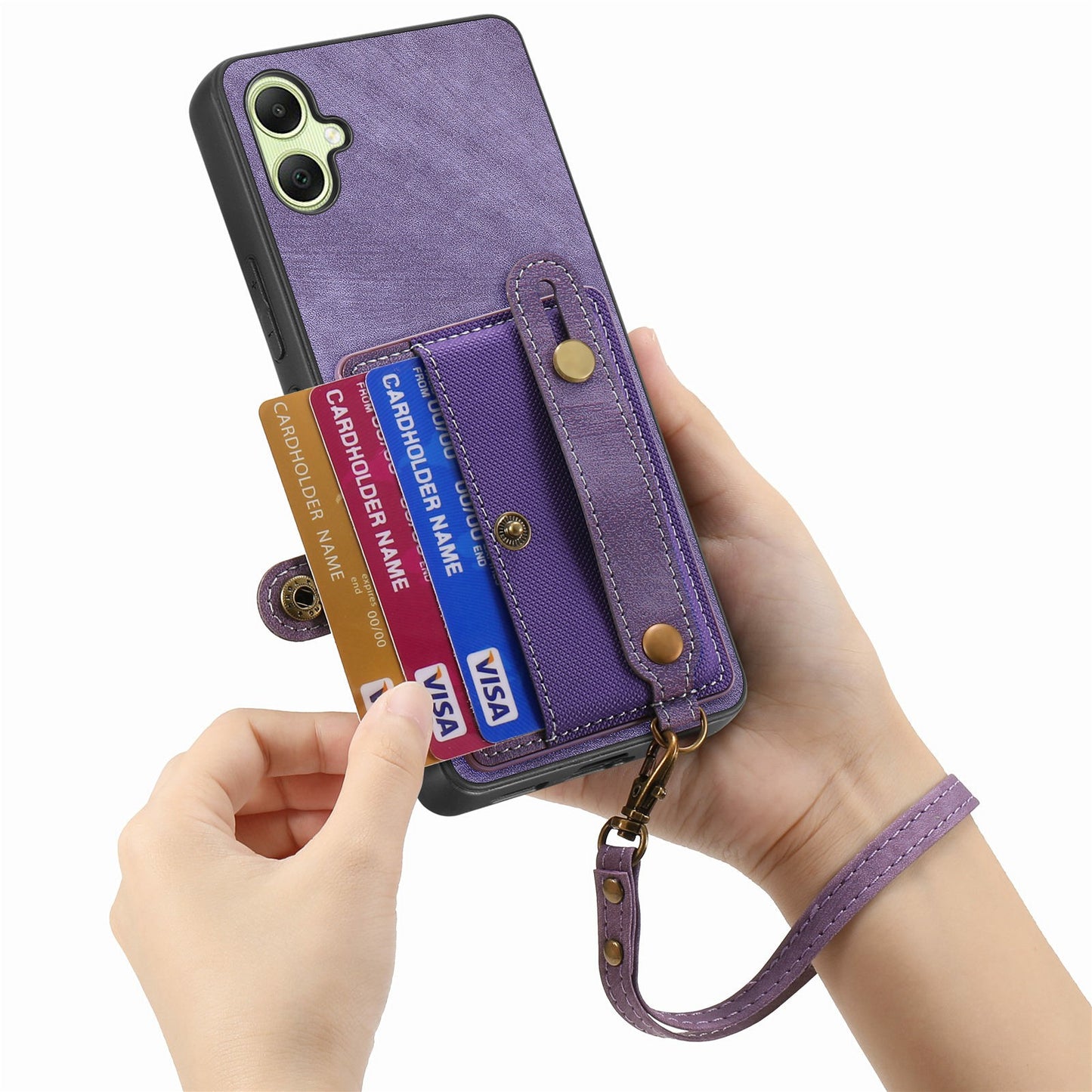 For Samsung Galaxy A06 Case Wristband Kickstand PU Leather Retro Back Cover Card Holder - Purple