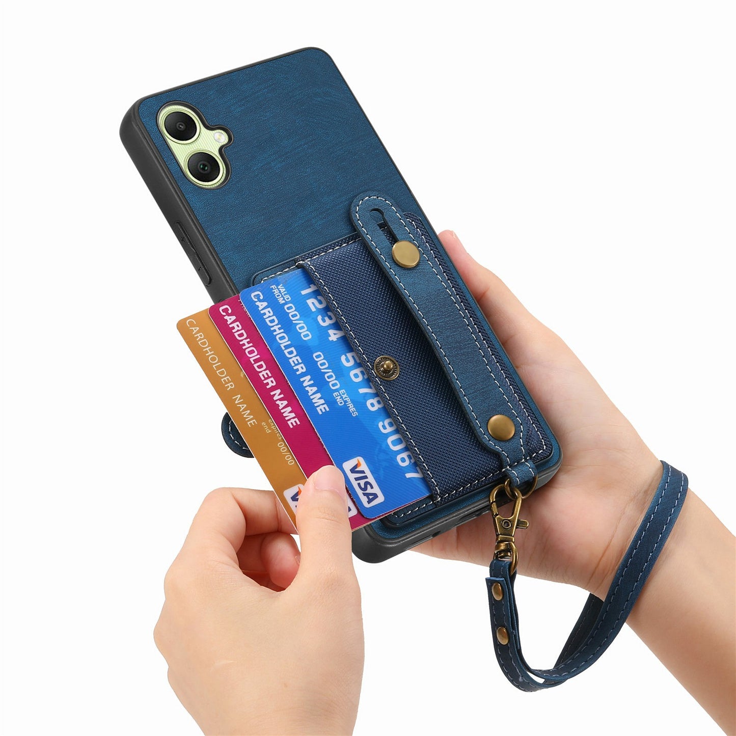 For Samsung Galaxy A06 Case Wristband Kickstand PU Leather Retro Back Cover Card Holder - Blue