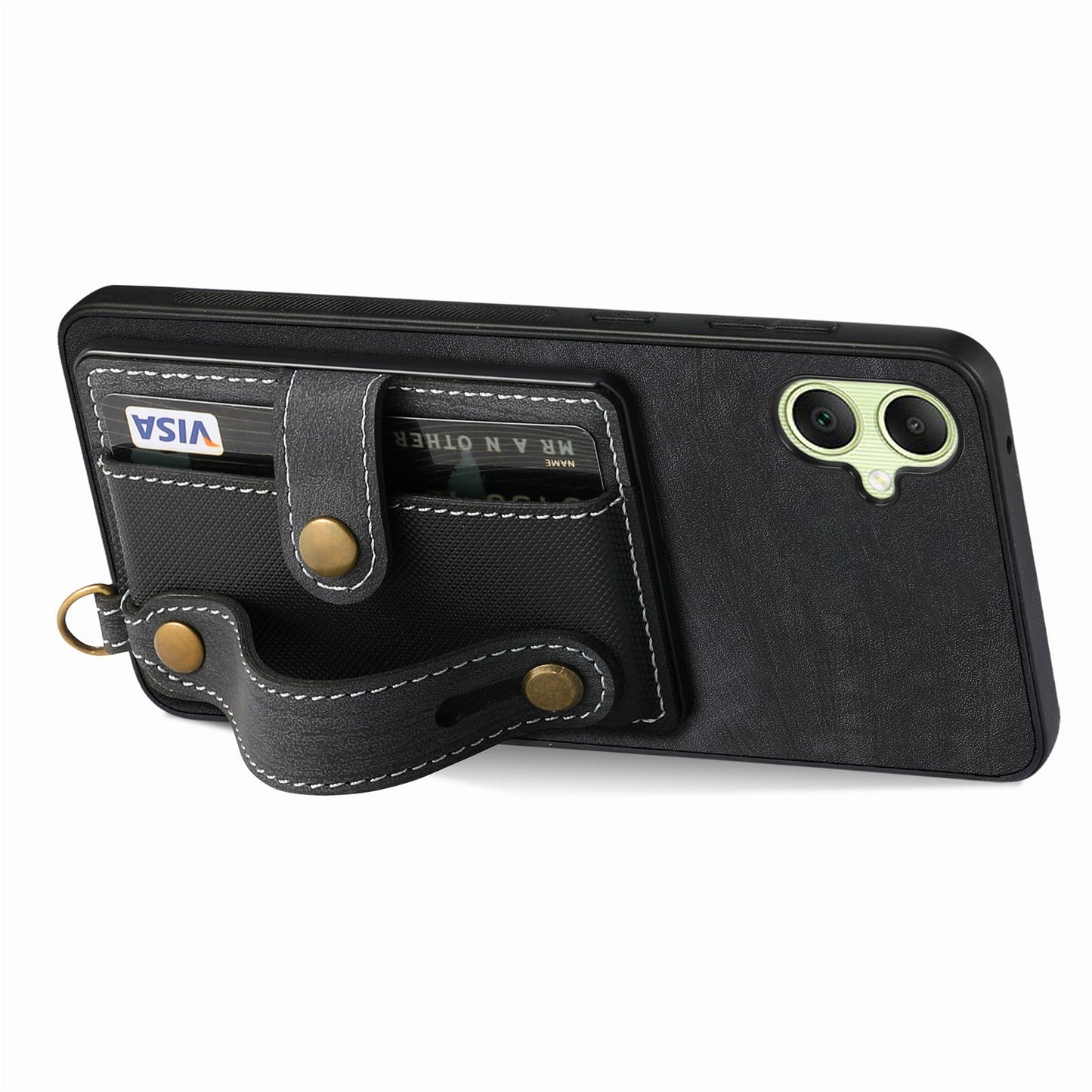 For Samsung Galaxy A06 Case Wristband Kickstand PU Leather Retro Back Cover Card Holder - Black
