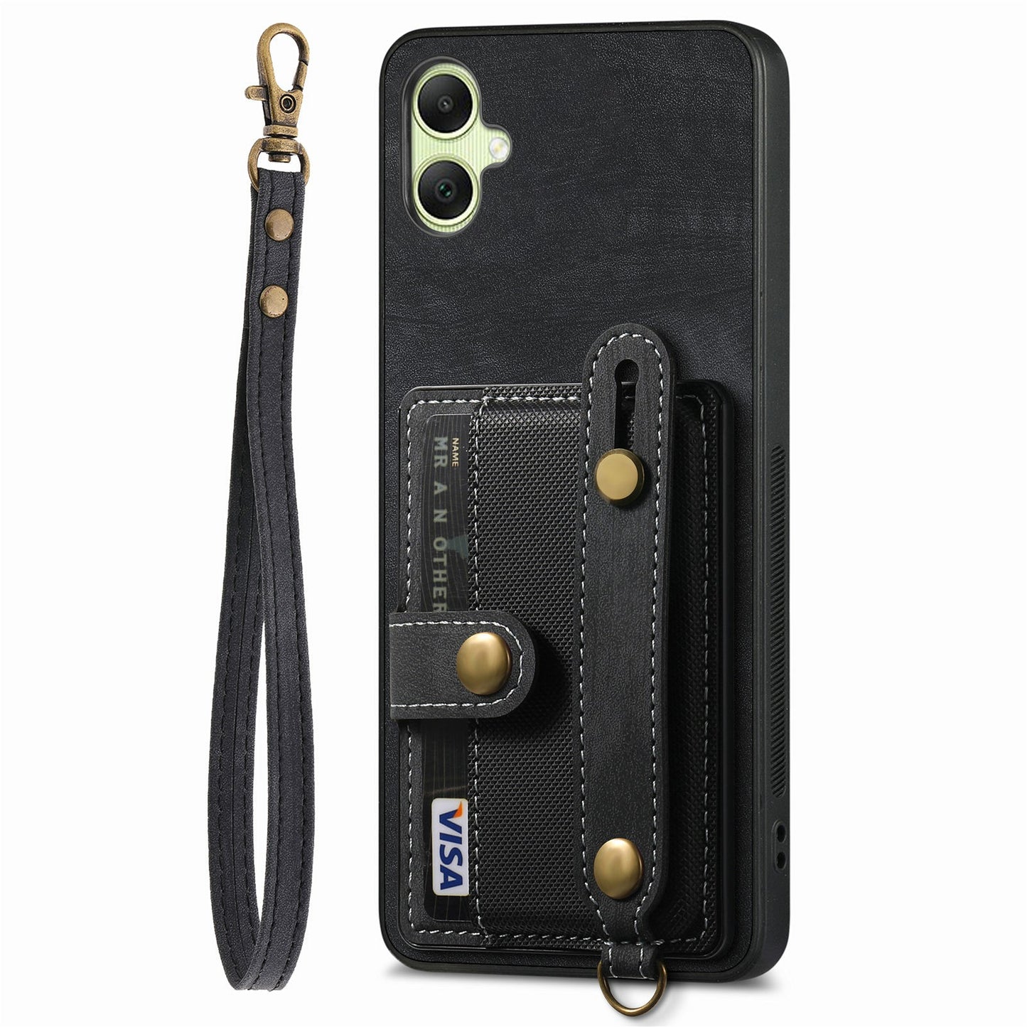 For Samsung Galaxy A06 Case Wristband Kickstand PU Leather Retro Back Cover Card Holder - Black