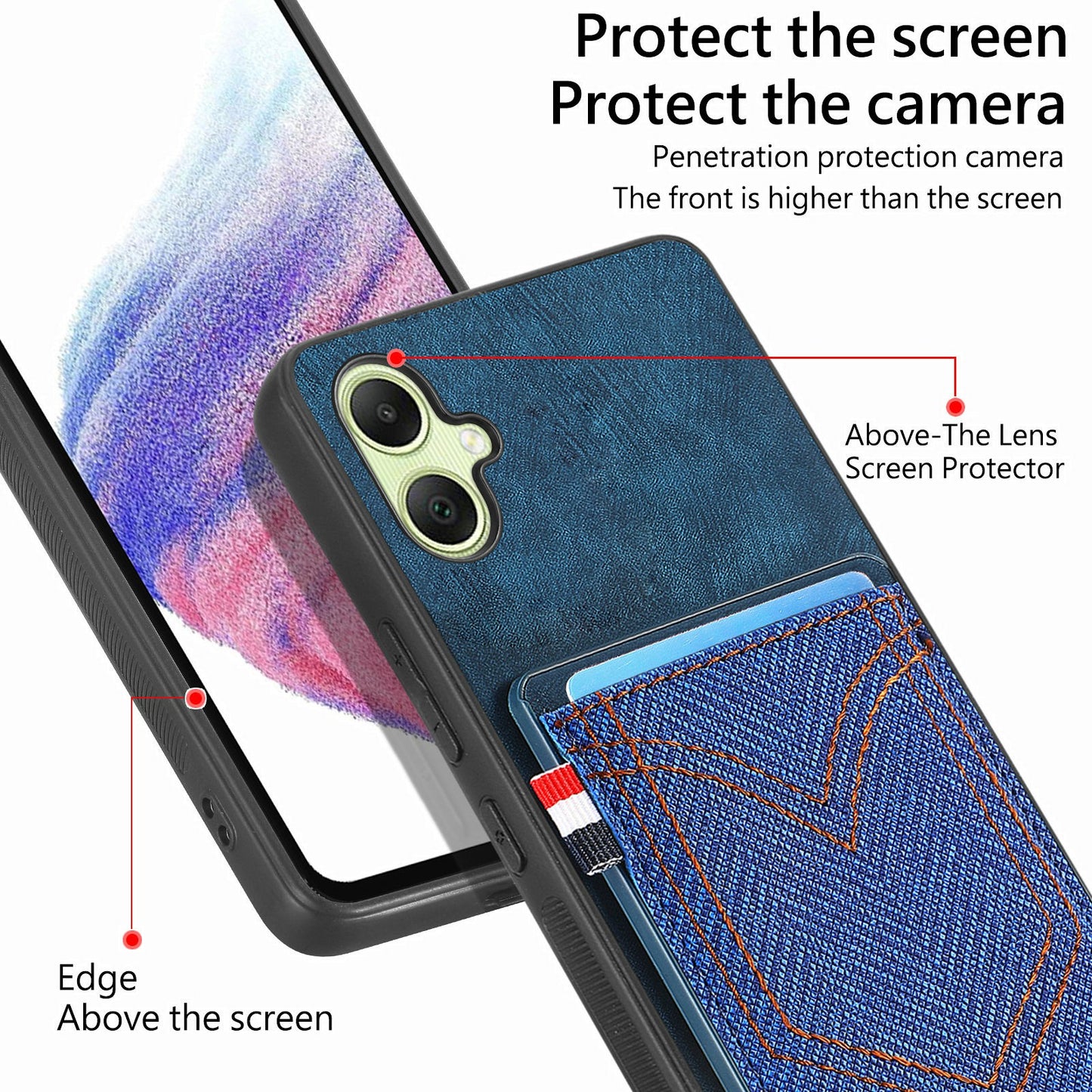 For Samsung Galaxy A06 Phone Case Retro Jean Cloth Texture Leather Back Cover Card Holder - Brown