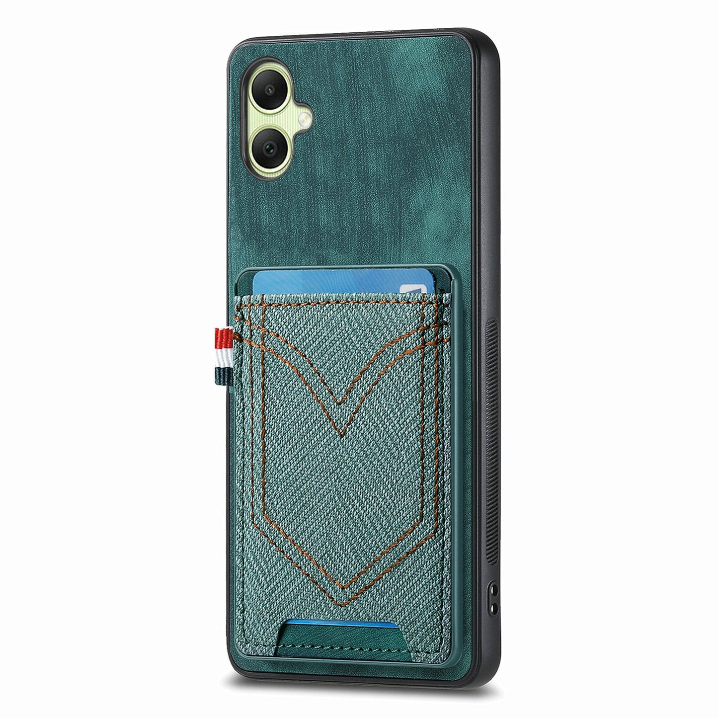 For Samsung Galaxy A06 Phone Case Retro Jean Cloth Texture Leather Back Cover Card Holder - Green