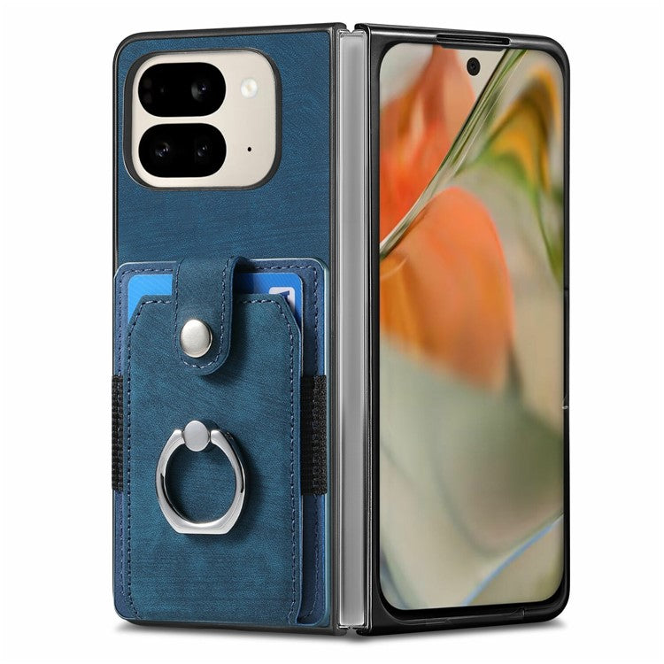 For Google Pixel 9 Pro Fold 5G Case Kickstand Leather+PC Non-Slip Protective Cover Card Slots - Blue