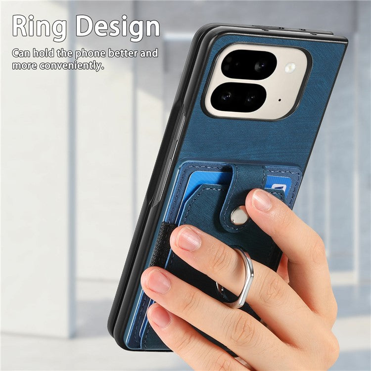 For Google Pixel 9 Pro Fold 5G Case Kickstand Leather+PC Non-Slip Protective Cover Card Slots - Blue