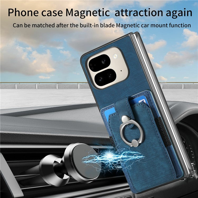 For Google Pixel 9 Pro Fold 5G Case Kickstand Leather+PC Non-Slip Protective Cover Card Slots - Blue
