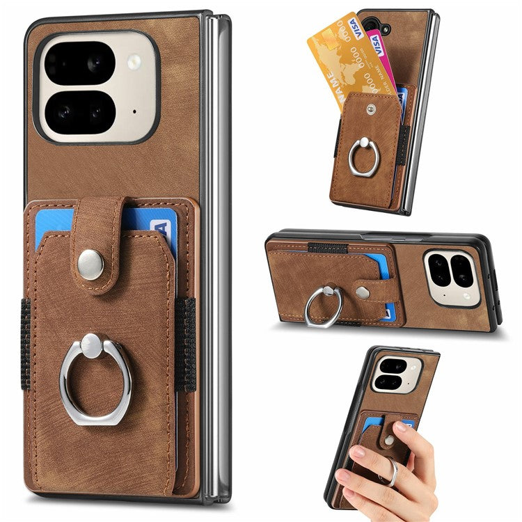 For Google Pixel 9 Pro Fold 5G Case Kickstand Leather+PC Non-Slip Protective Cover Card Slots - Brown