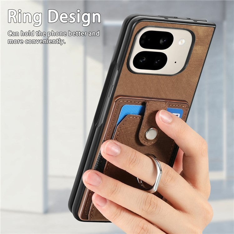 For Google Pixel 9 Pro Fold 5G Case Kickstand Leather+PC Non-Slip Protective Cover Card Slots - Brown