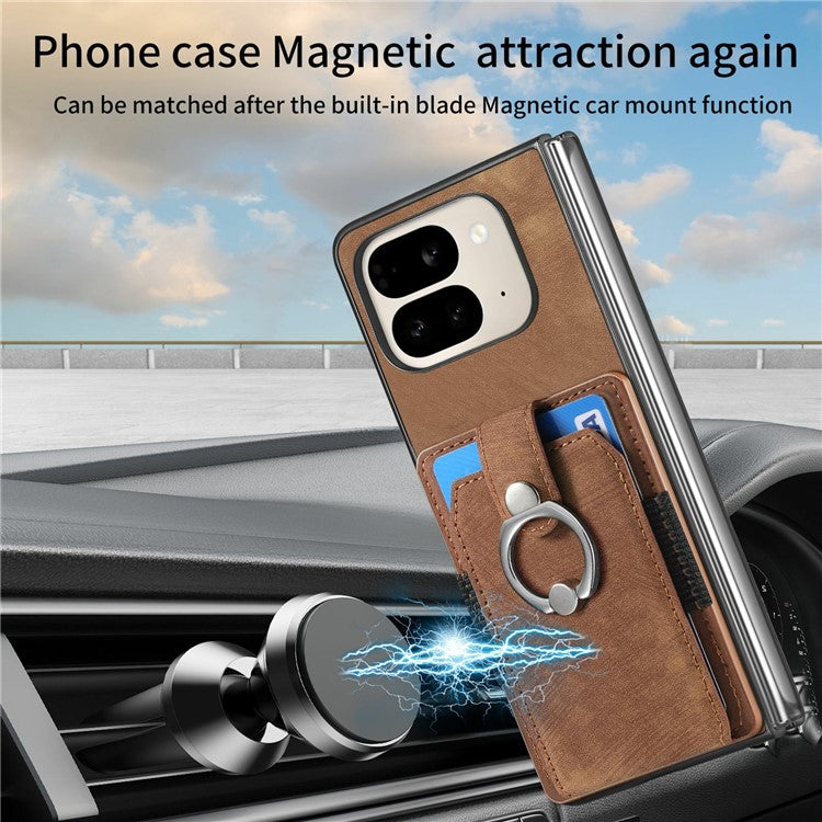 For Google Pixel 9 Pro Fold 5G Case Kickstand Leather+PC Non-Slip Protective Cover Card Slots - Brown
