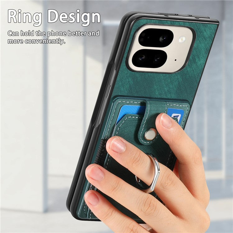 For Google Pixel 9 Pro Fold 5G Case Kickstand Leather+PC Non-Slip Protective Cover Card Slots - Green