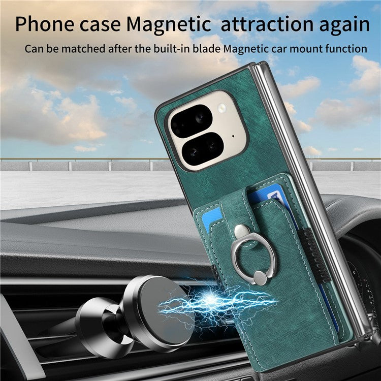 For Google Pixel 9 Pro Fold 5G Case Kickstand Leather+PC Non-Slip Protective Cover Card Slots - Green