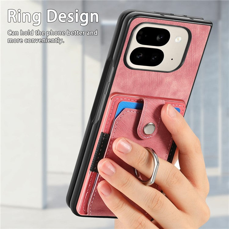 For Google Pixel 9 Pro Fold 5G Case Kickstand Leather+PC Non-Slip Protective Cover Card Slots - Pink