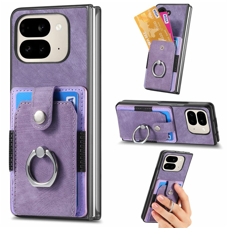 For Google Pixel 9 Pro Fold 5G Case Kickstand Leather+PC Non-Slip Protective Cover Card Slots - Purple