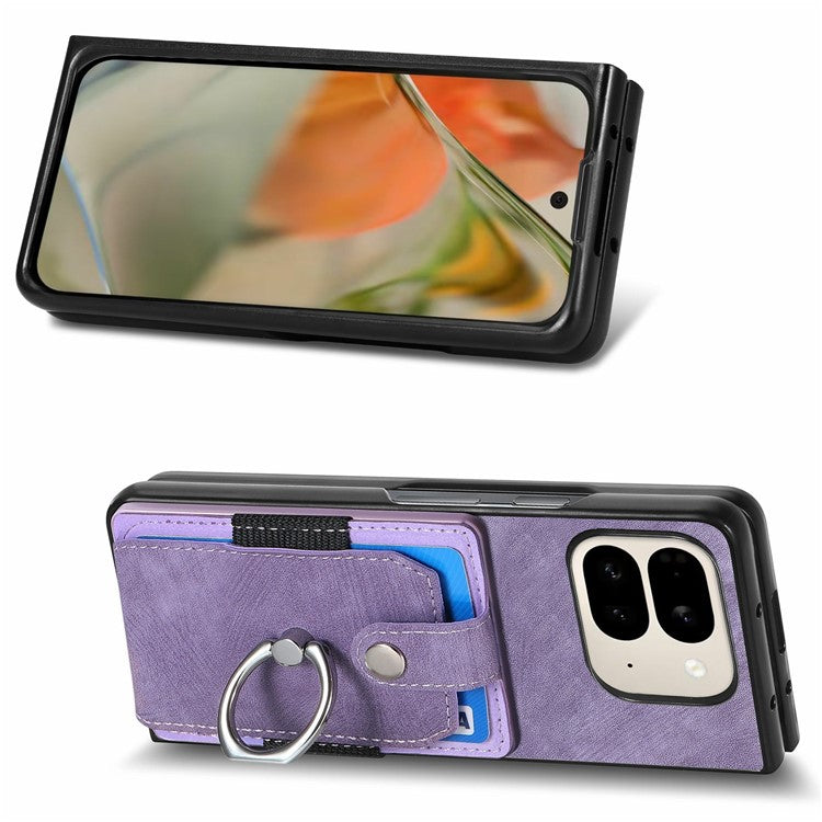 For Google Pixel 9 Pro Fold 5G Case Kickstand Leather+PC Non-Slip Protective Cover Card Slots - Purple