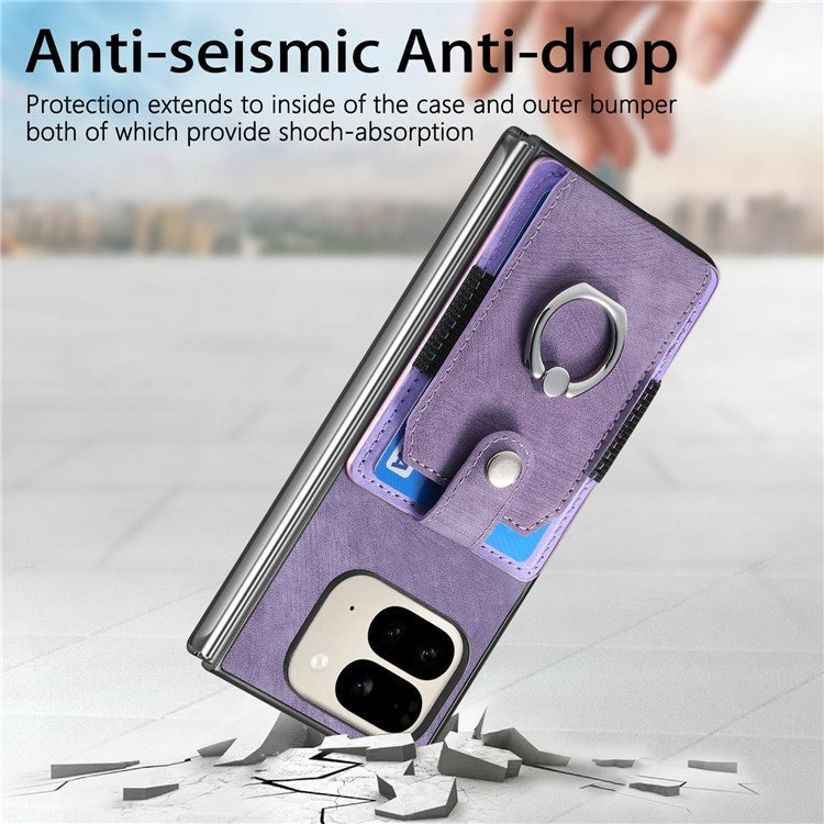 For Google Pixel 9 Pro Fold 5G Case Kickstand Leather+PC Non-Slip Protective Cover Card Slots - Purple