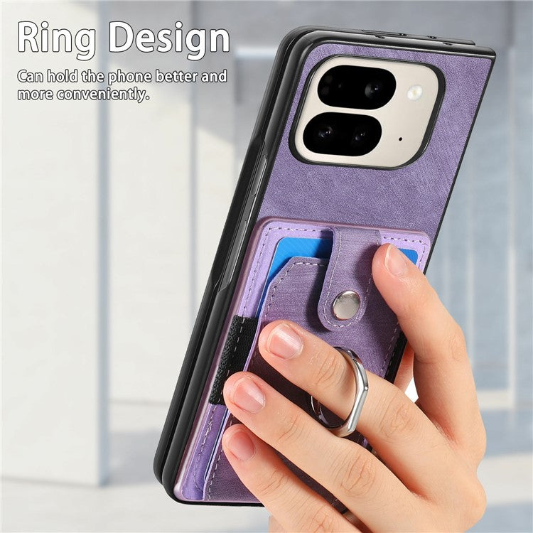 For Google Pixel 9 Pro Fold 5G Case Kickstand Leather+PC Non-Slip Protective Cover Card Slots - Purple