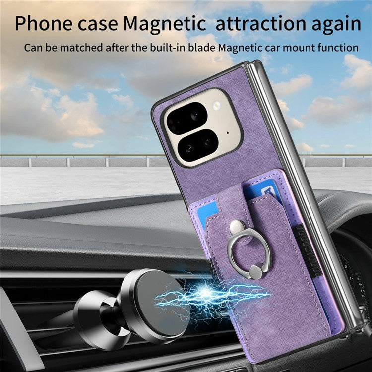For Google Pixel 9 Pro Fold 5G Case Kickstand Leather+PC Non-Slip Protective Cover Card Slots - Purple