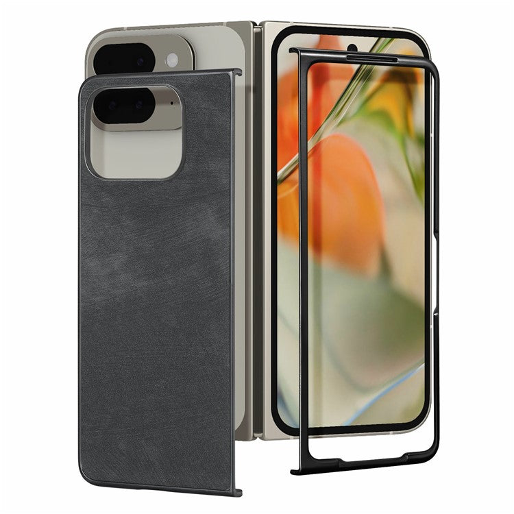 For Google Pixel 9 Pro Fold 5G Case Retro PU Leather Coated PC Folding Phone Cover - Black