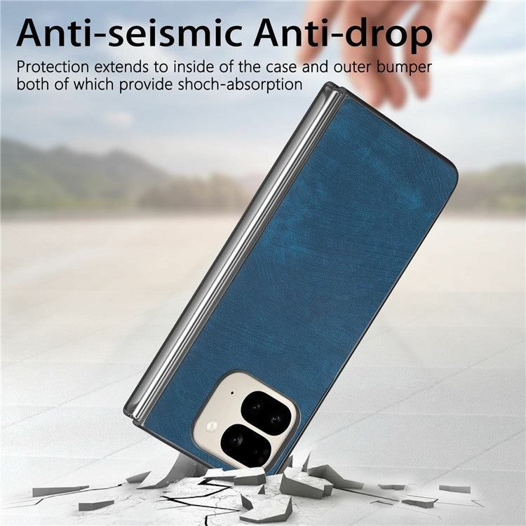 For Google Pixel 9 Pro Fold 5G Case Retro PU Leather Coated PC Folding Phone Cover - Blue