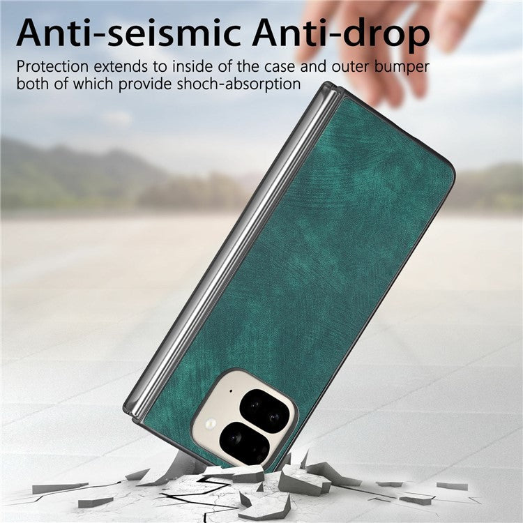 For Google Pixel 9 Pro Fold 5G Case Retro PU Leather Coated PC Folding Phone Cover - Green