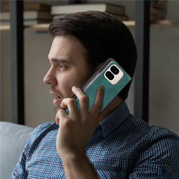 For Google Pixel 9 Pro Fold 5G Case Retro PU Leather Coated PC Folding Phone Cover - Green