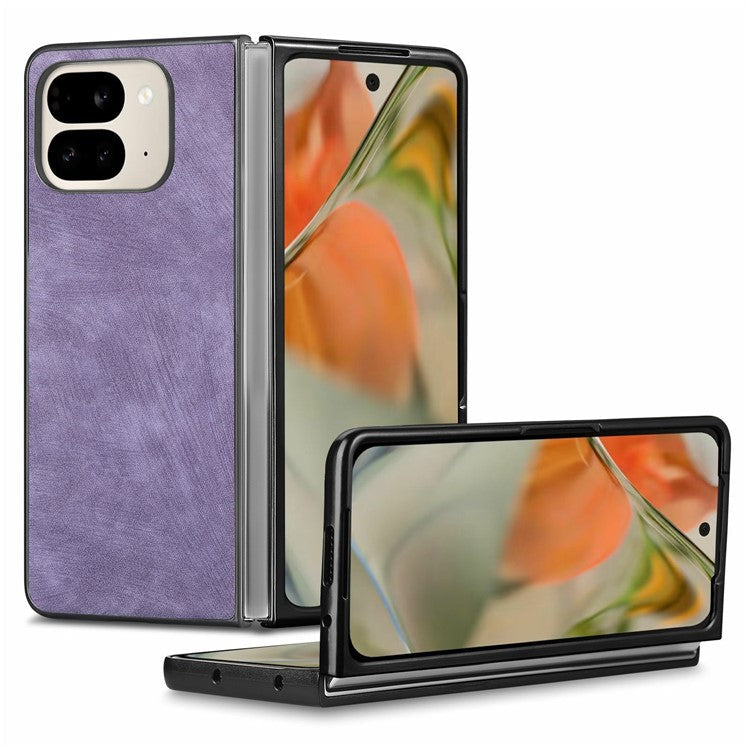 For Google Pixel 9 Pro Fold 5G Case Retro PU Leather Coated PC Folding Phone Cover - Purple
