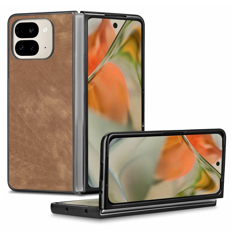 For Google Pixel 9 Pro Fold 5G Case Retro PU Leather Coated PC Folding Phone Cover - Brown