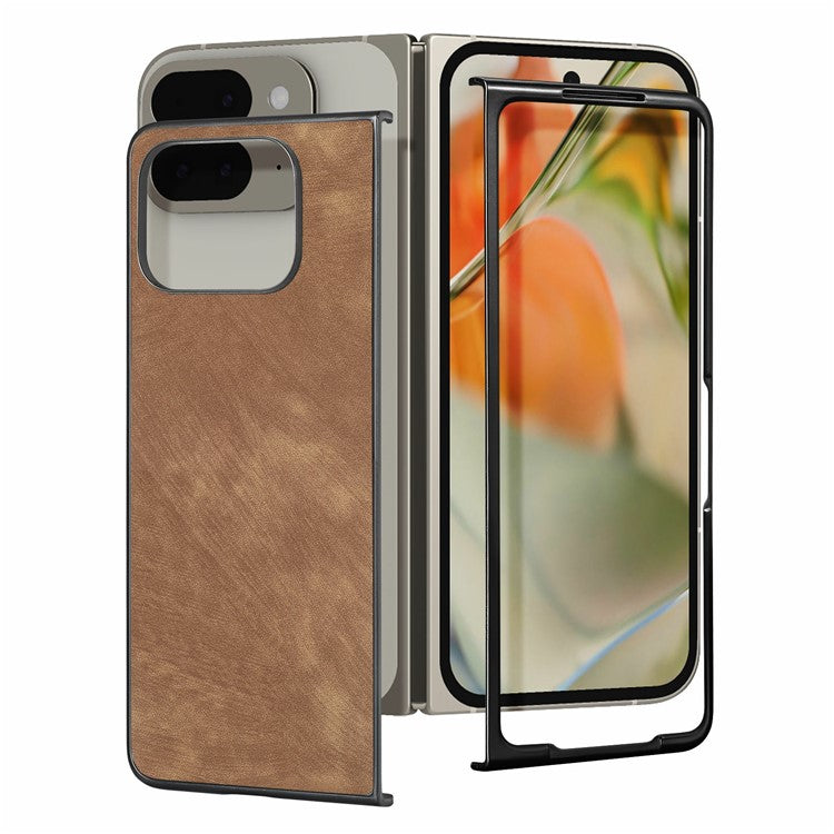 For Google Pixel 9 Pro Fold 5G Case Retro PU Leather Coated PC Folding Phone Cover - Brown
