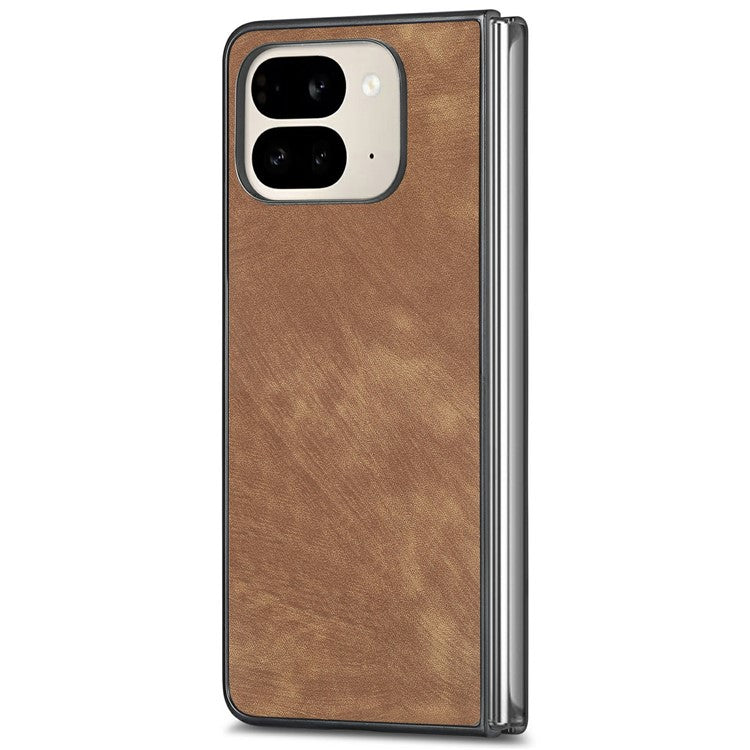 For Google Pixel 9 Pro Fold 5G Case Retro PU Leather Coated PC Folding Phone Cover - Brown