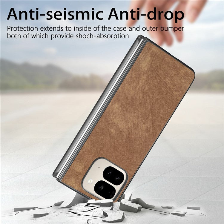 For Google Pixel 9 Pro Fold 5G Case Retro PU Leather Coated PC Folding Phone Cover - Brown