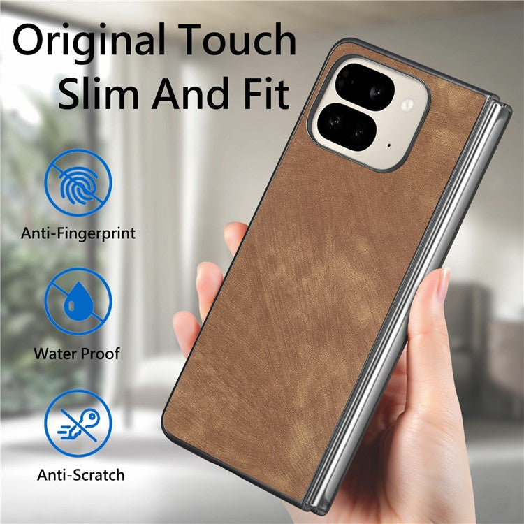 For Google Pixel 9 Pro Fold 5G Case Retro PU Leather Coated PC Folding Phone Cover - Brown