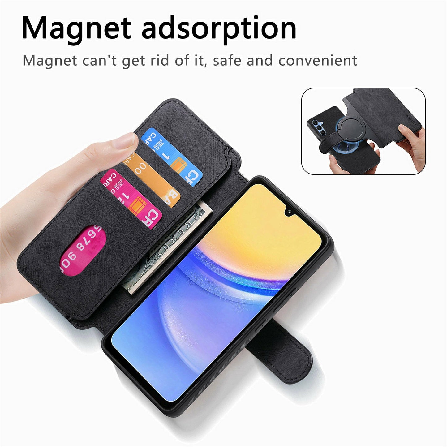 CASENEO MW-03 For Samsung Galaxy A06 Case Detachable Wallet Leather+TPU Phone Cover - Black