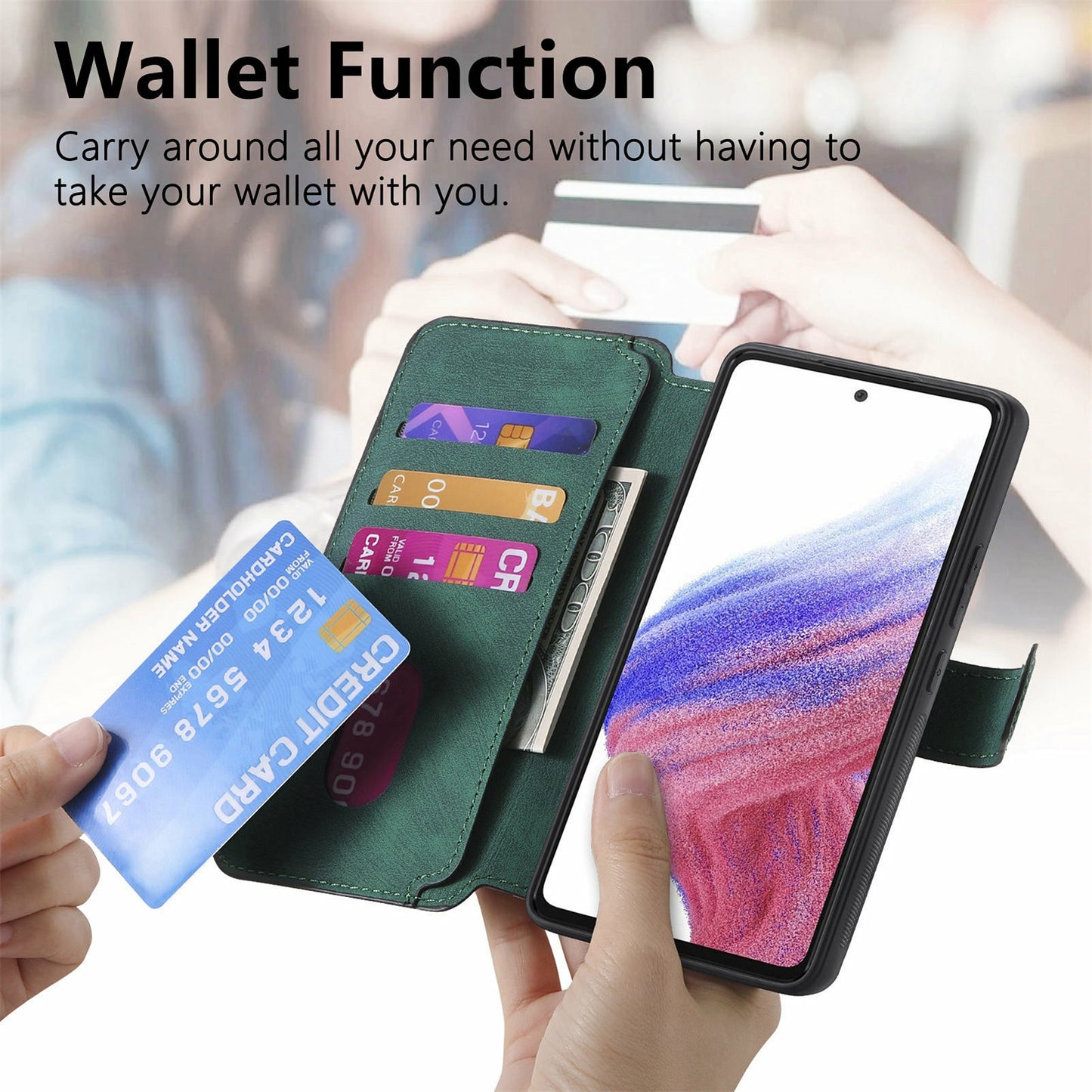 CASENEO MW-03 For Samsung Galaxy A06 Case Detachable Wallet Leather+TPU Phone Cover - Green