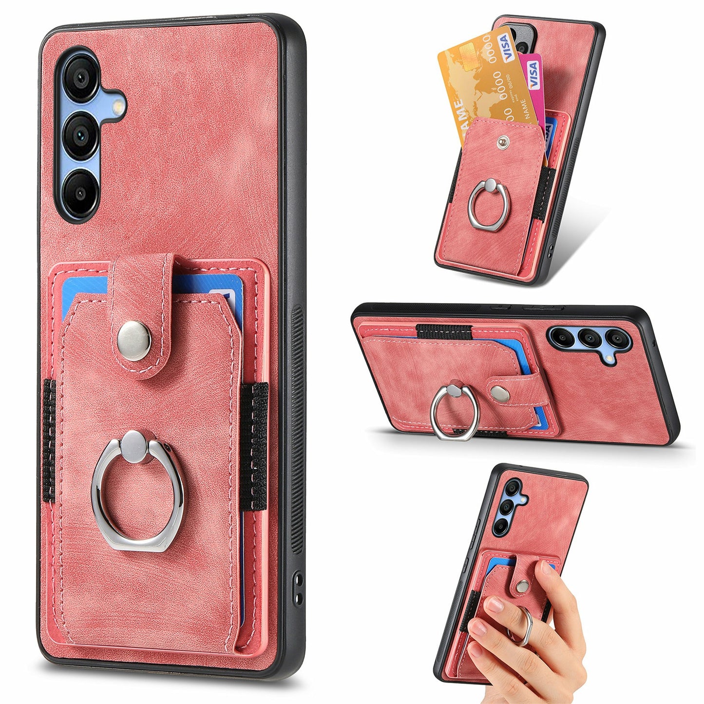 For Samsung Galaxy A16 4G / 5G Case Kickstand Leather+TPU Non-Slip Protective Cover Card Slots - Pink
