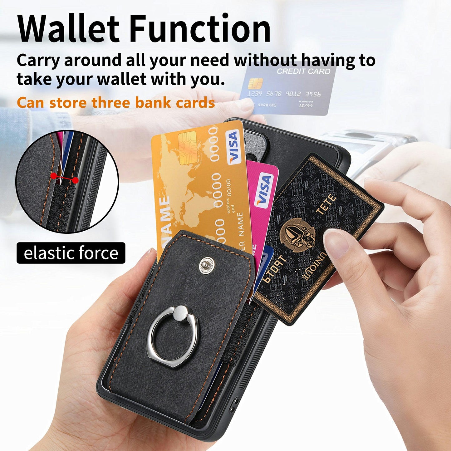 For Samsung Galaxy A06 Case Kickstand Leather+TPU Non-Slip Protective Cover Card Slots - Black