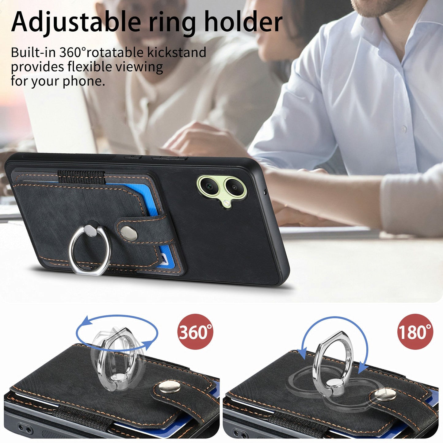 For Samsung Galaxy A06 Case Kickstand Leather+TPU Non-Slip Protective Cover Card Slots - Black