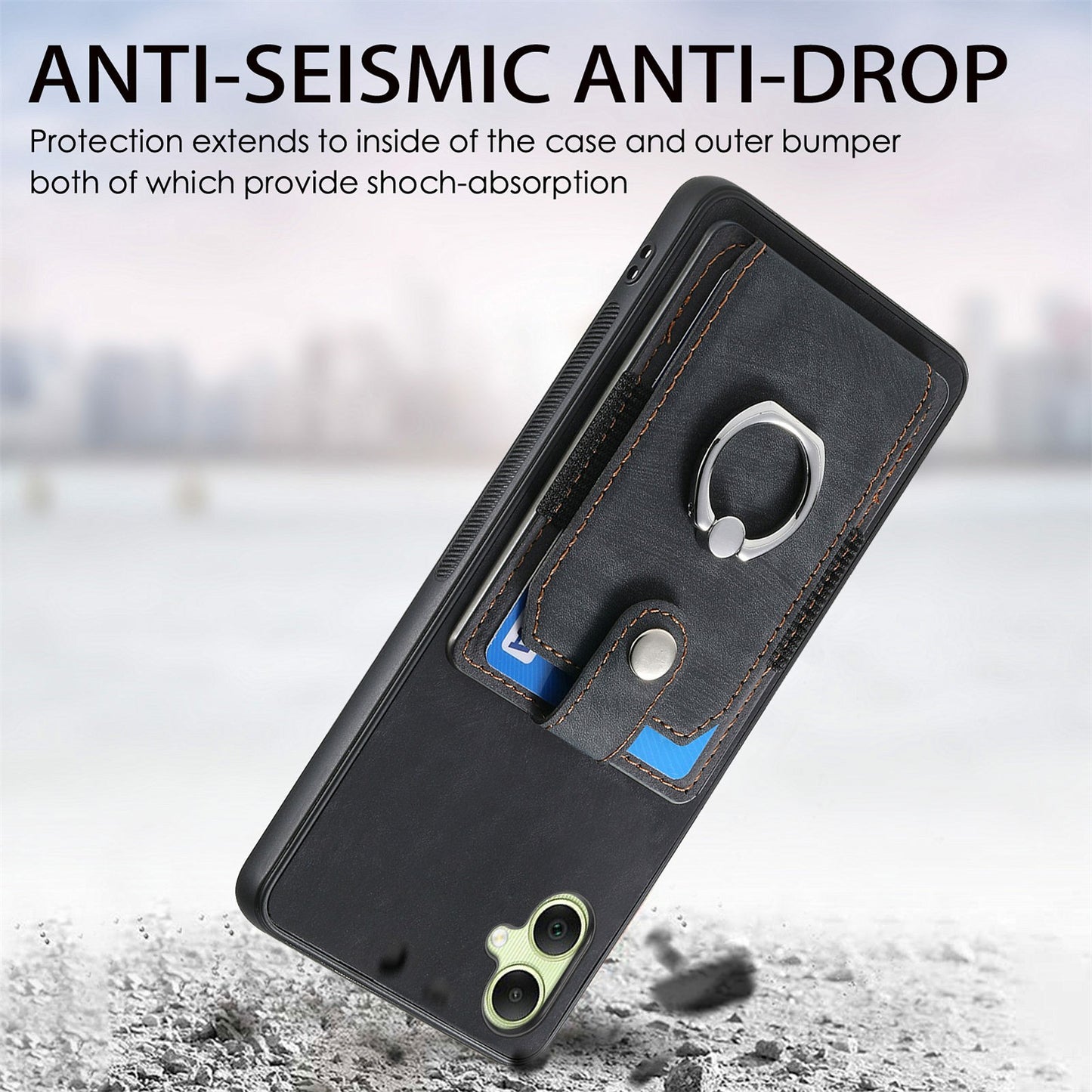 For Samsung Galaxy A06 Case Kickstand Leather+TPU Non-Slip Protective Cover Card Slots - Black