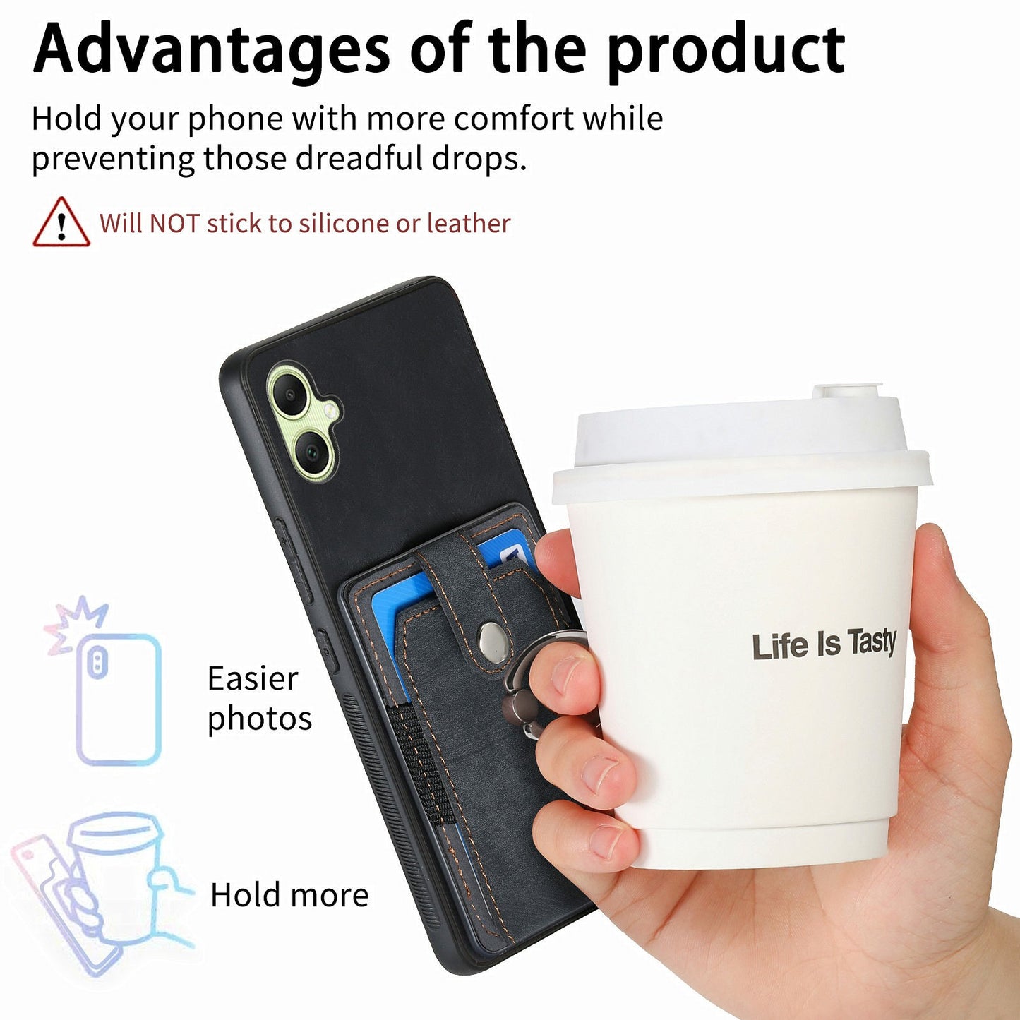 For Samsung Galaxy A06 Case Kickstand Leather+TPU Non-Slip Protective Cover Card Slots - Black