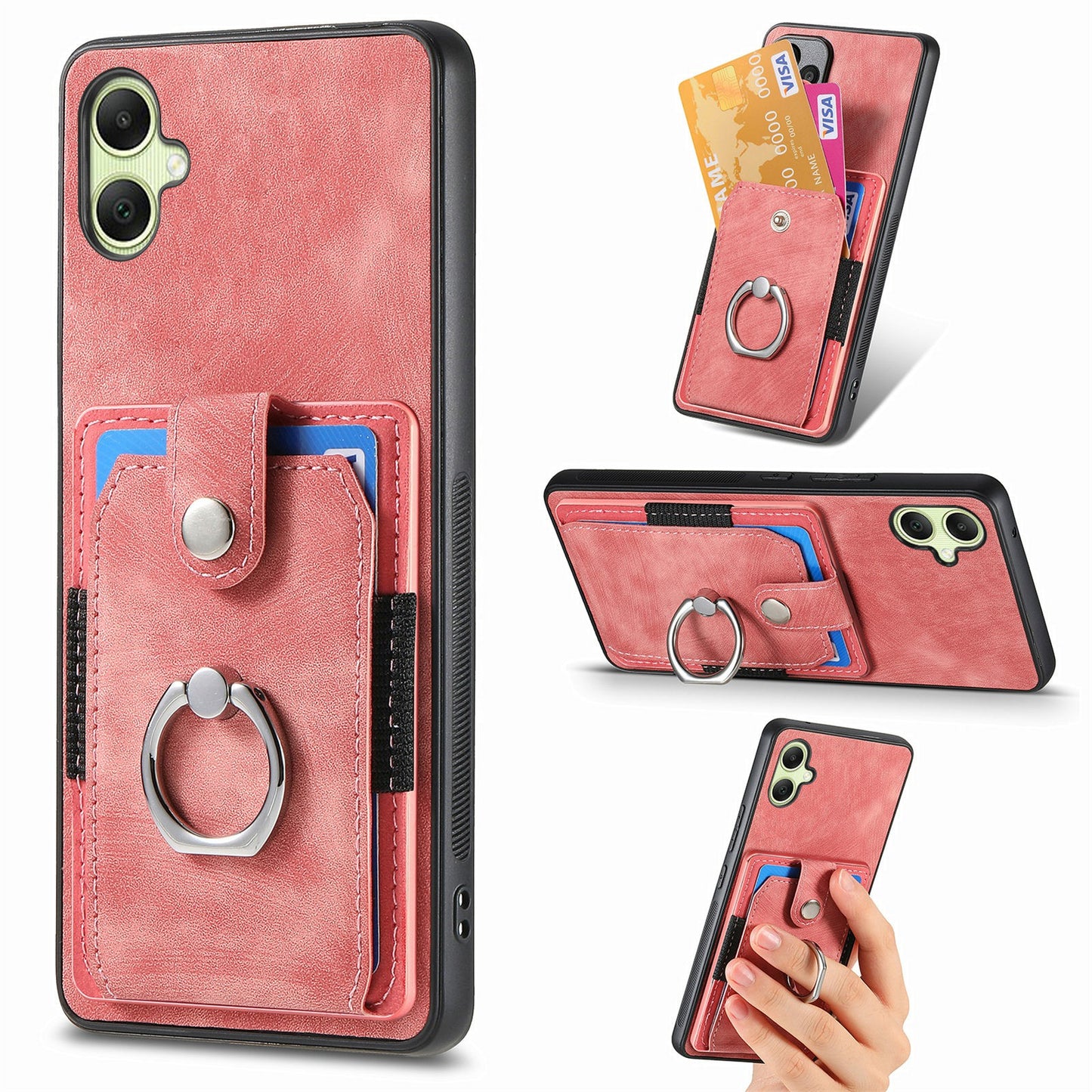 For Samsung Galaxy A06 Case Kickstand Leather+TPU Non-Slip Protective Cover Card Slots - Pink
