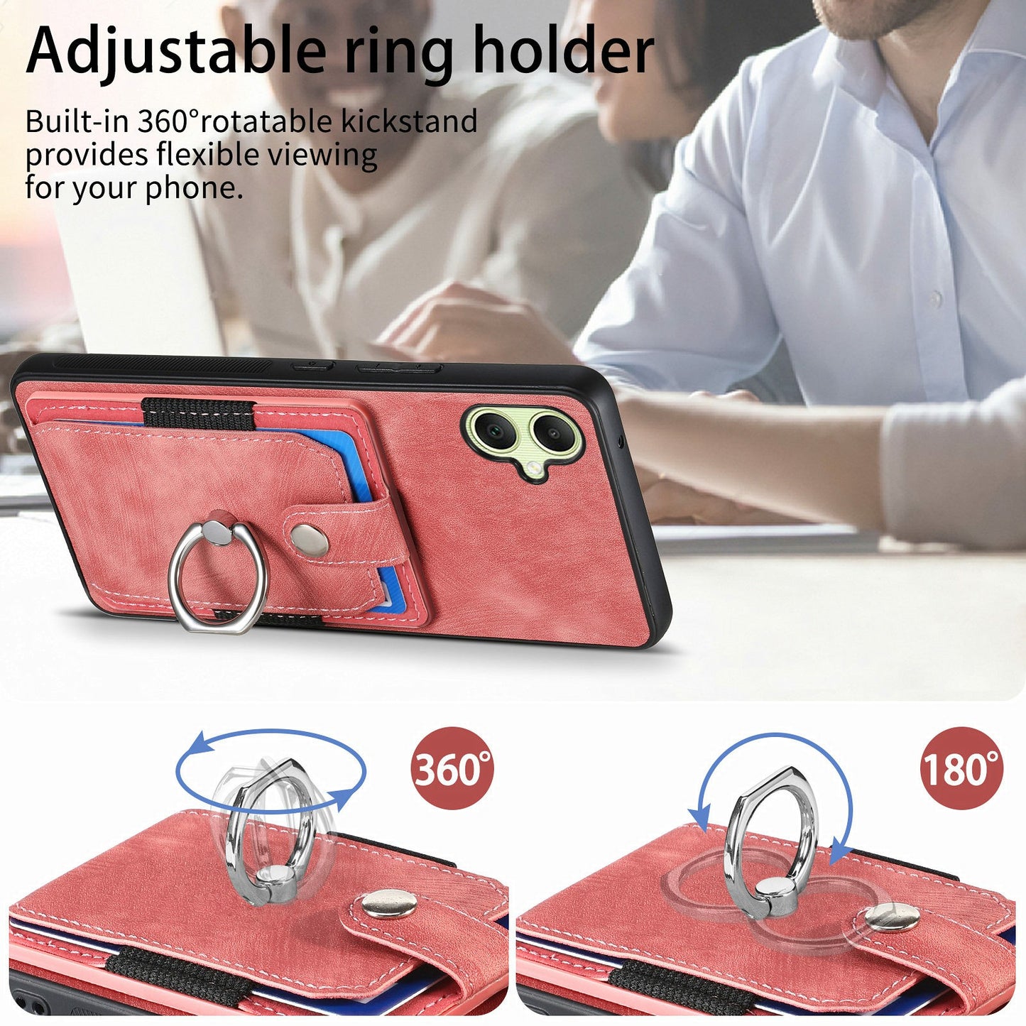 For Samsung Galaxy A06 Case Kickstand Leather+TPU Non-Slip Protective Cover Card Slots - Pink