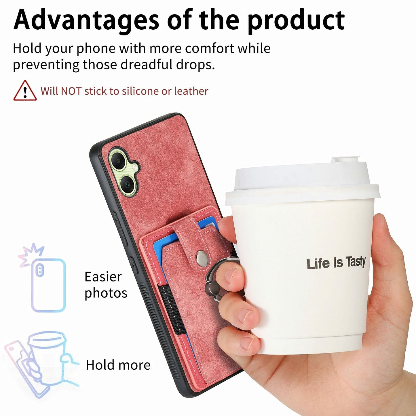 For Samsung Galaxy A06 Case Kickstand Leather+TPU Non-Slip Protective Cover Card Slots - Pink