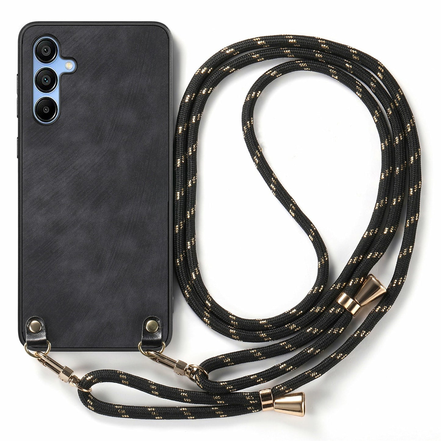 For Samsung Galaxy A16 5G / A16 4G Case Retro Texture Leather Coated PC+TPU Phone Cover with Hanging Rope - Black
