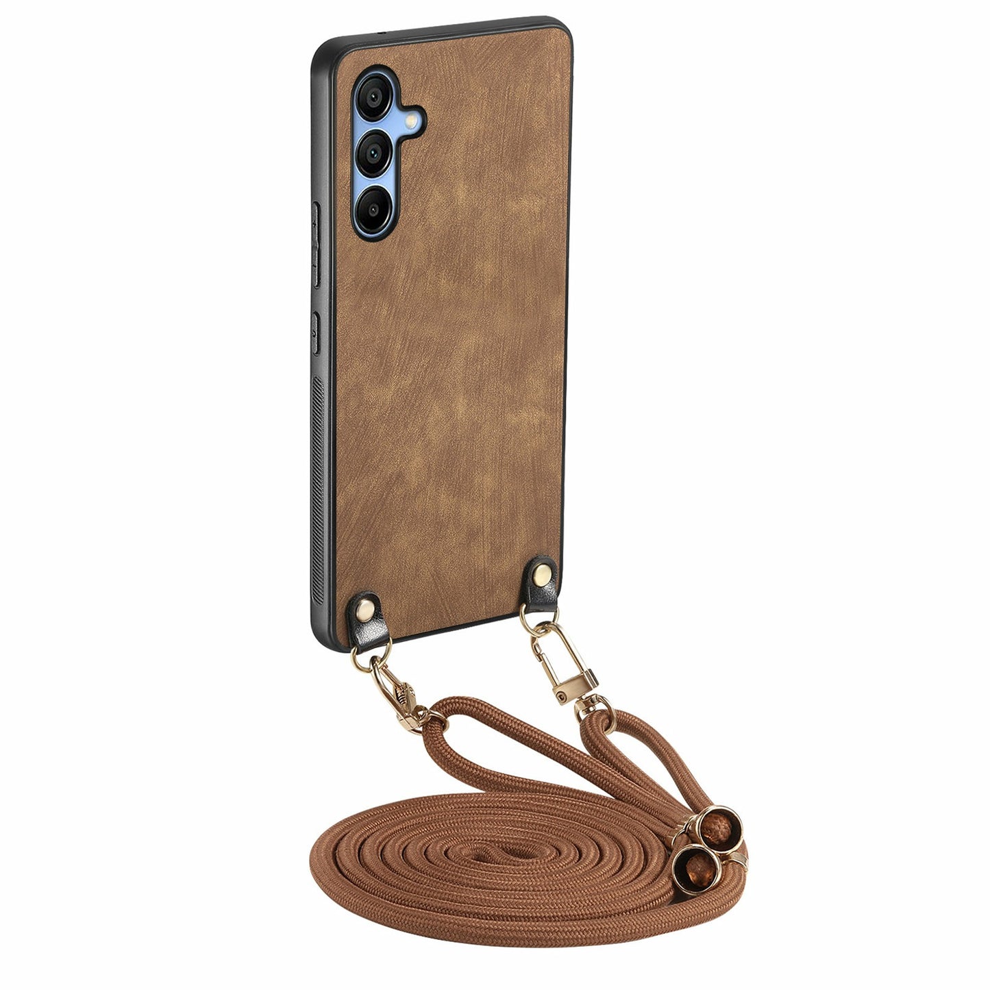 For Samsung Galaxy A16 5G / A16 4G Case Retro Texture Leather Coated PC+TPU Phone Cover with Hanging Rope - Brown