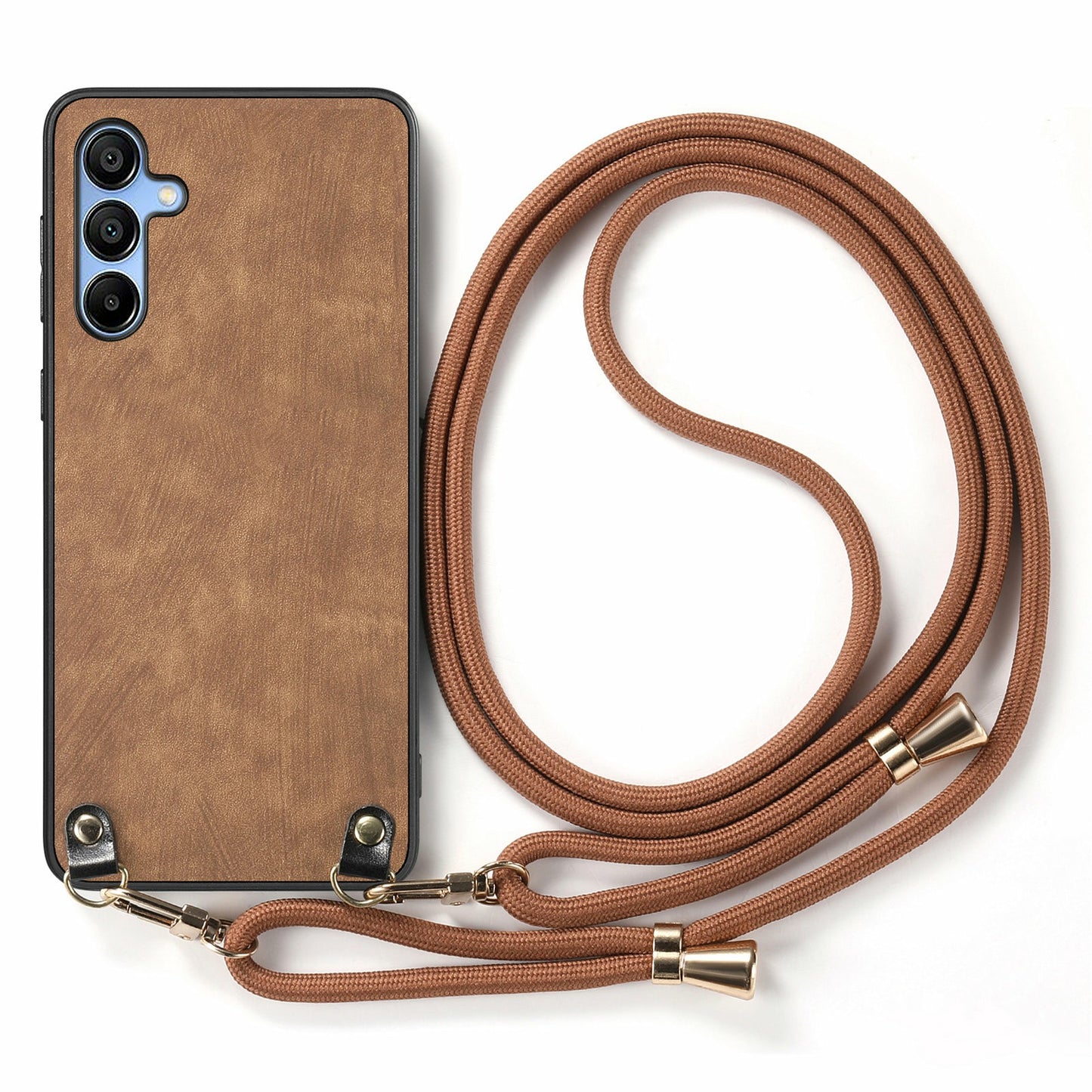 For Samsung Galaxy A16 5G / A16 4G Case Retro Texture Leather Coated PC+TPU Phone Cover with Hanging Rope - Brown