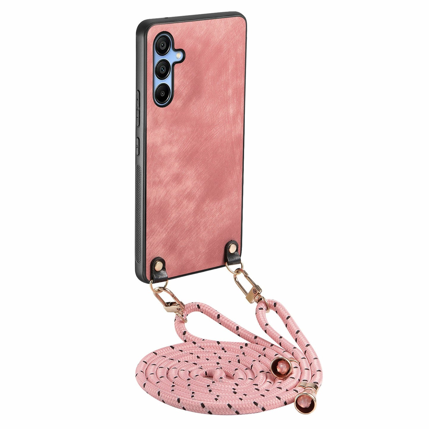 For Samsung Galaxy A16 5G / A16 4G Case Retro Texture Leather Coated PC+TPU Phone Cover with Hanging Rope - Pink